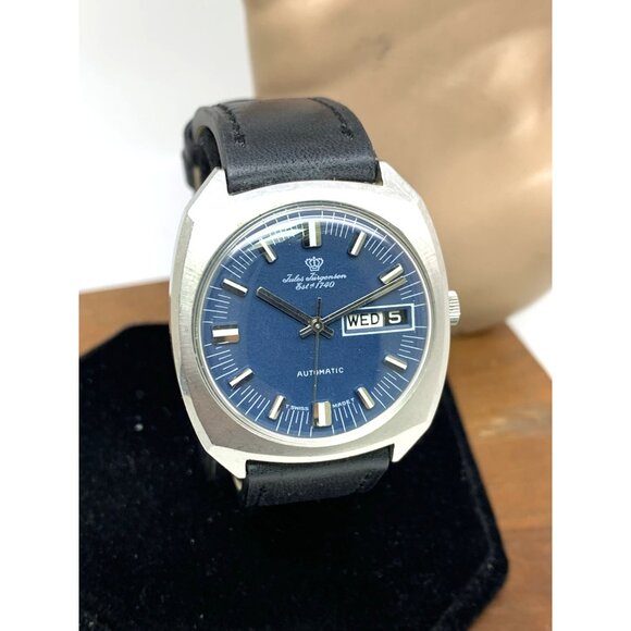 Jules Jurgensen Men's Watch Vintage Swiss Automatic Blue Dial Day Date 35mm - Picture 14 of 15